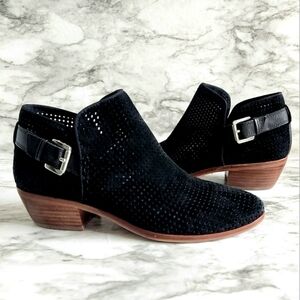Sam Edelman Black Suede Leather Perforated Ankle Boots With Silver Buckle, Sz 7